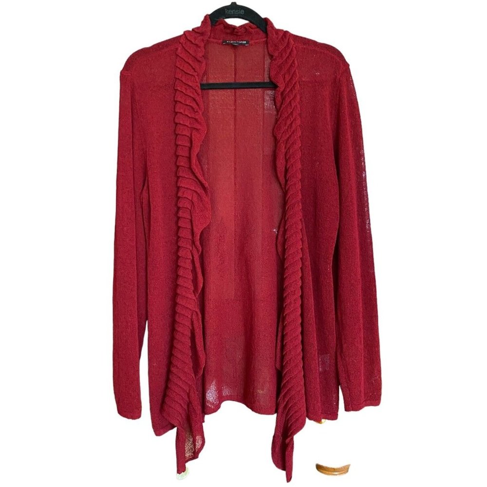 Eileen Fisher Linen Blend Maroon Ruffle Edge Open Front Cardigan Sweater Sz L